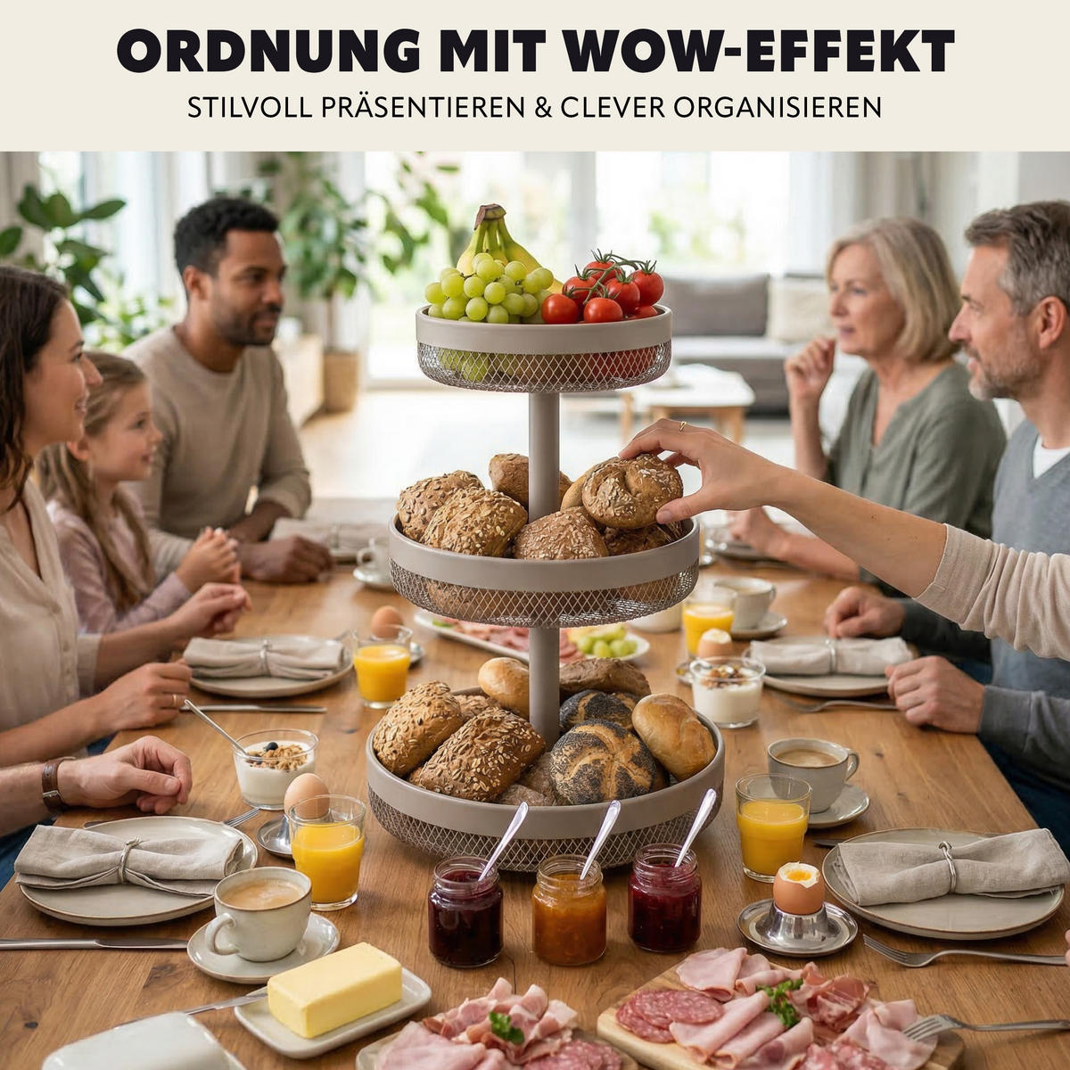 OBSTETAGERE rund, 3-stöckig, Ø 20 cm, 25 cm und 30 cm, taupe, Metall - Taupe, Metall (42cm) - eluno