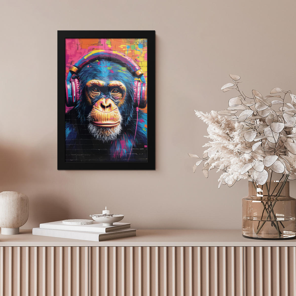 GERAHMTES BILD Graffiti - Schimpanse - Straßenkunst - Kopfhörer - Affe 20x30 cm - Blau, Papier (20/30cm) - MuchoWow