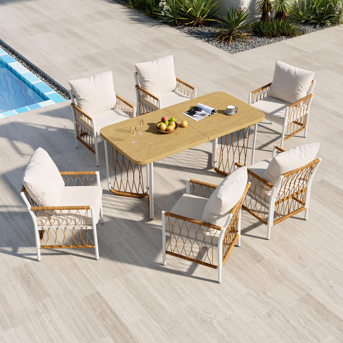 GARTENMÖBEL-SET 159,5/77,5/75 cm beige braun natur aus Eisen und Polyester mit Tisch und 6 Stühlen - Beige, Metall - OKWISH