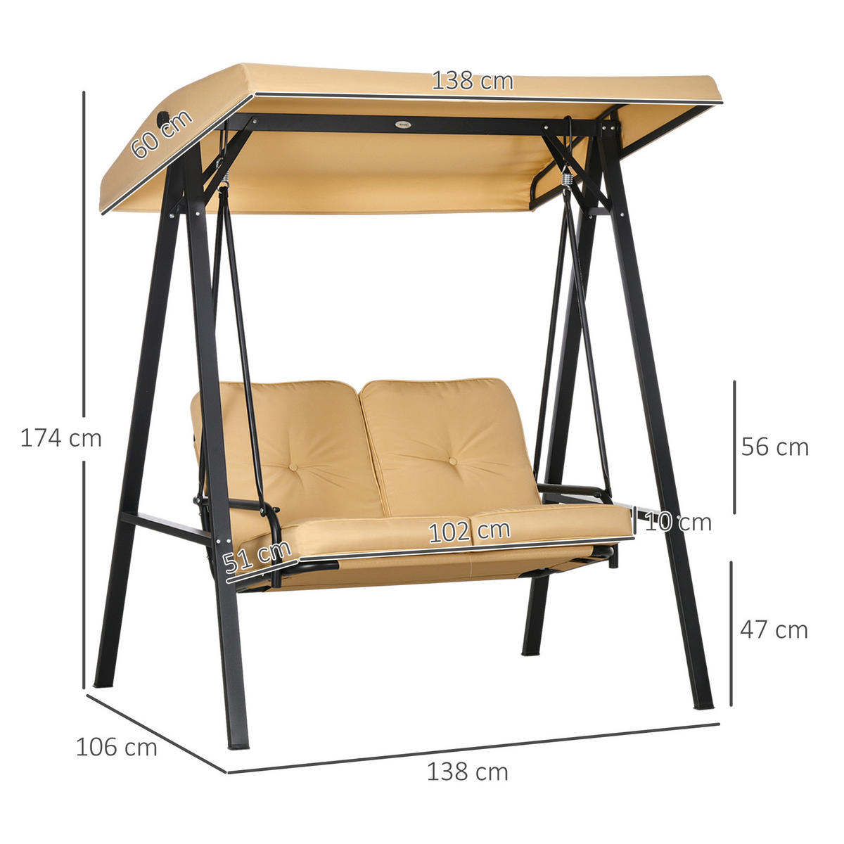 HOLLYWOODSCHAUKEL aus Stahl 138 x 106 x 174 cm in Beige mit Sonnendach - Beige, Metall (106/174/138cm) - Modfu