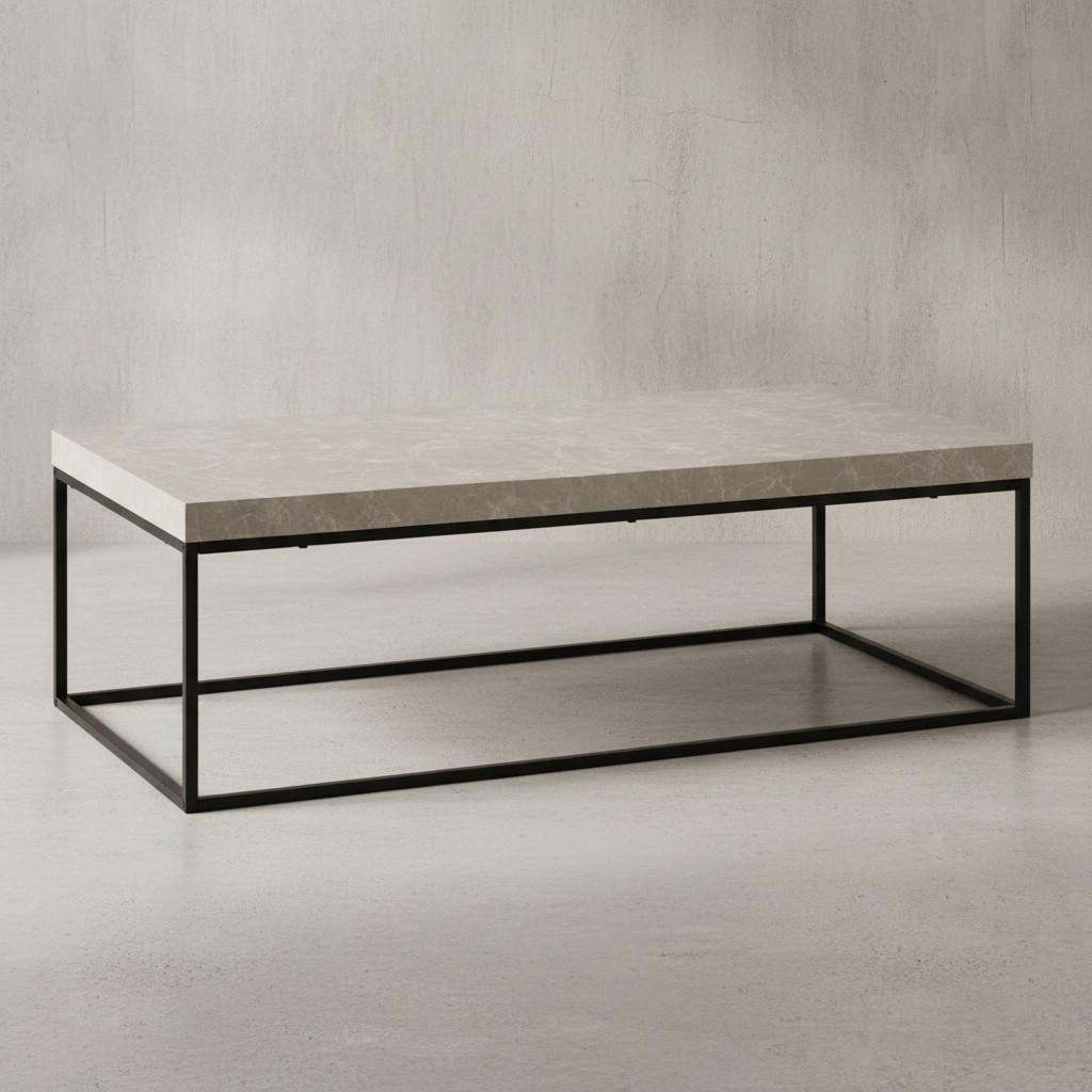 COUCHTISCH in Stein-Optik mit Metallbeinen, Modernes Design, Rechteckig, Groß, Beige 120x60x38 cm - Beige/Schwarz, Holzwerkstoff/Metall (60/120/38cm) - KADIMA DESIGN