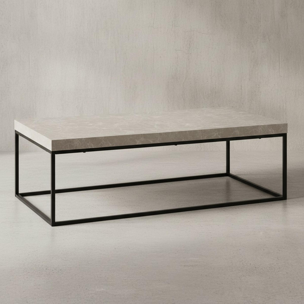 COUCHTISCH in Stein-Optik mit Metallbeinen, Modernes Design, Rechteckig, Groß, Beige 120x60x38 cm - Beige/Schwarz, Holzwerkstoff/Metall (60/120/38cm) - KADIMA DESIGN