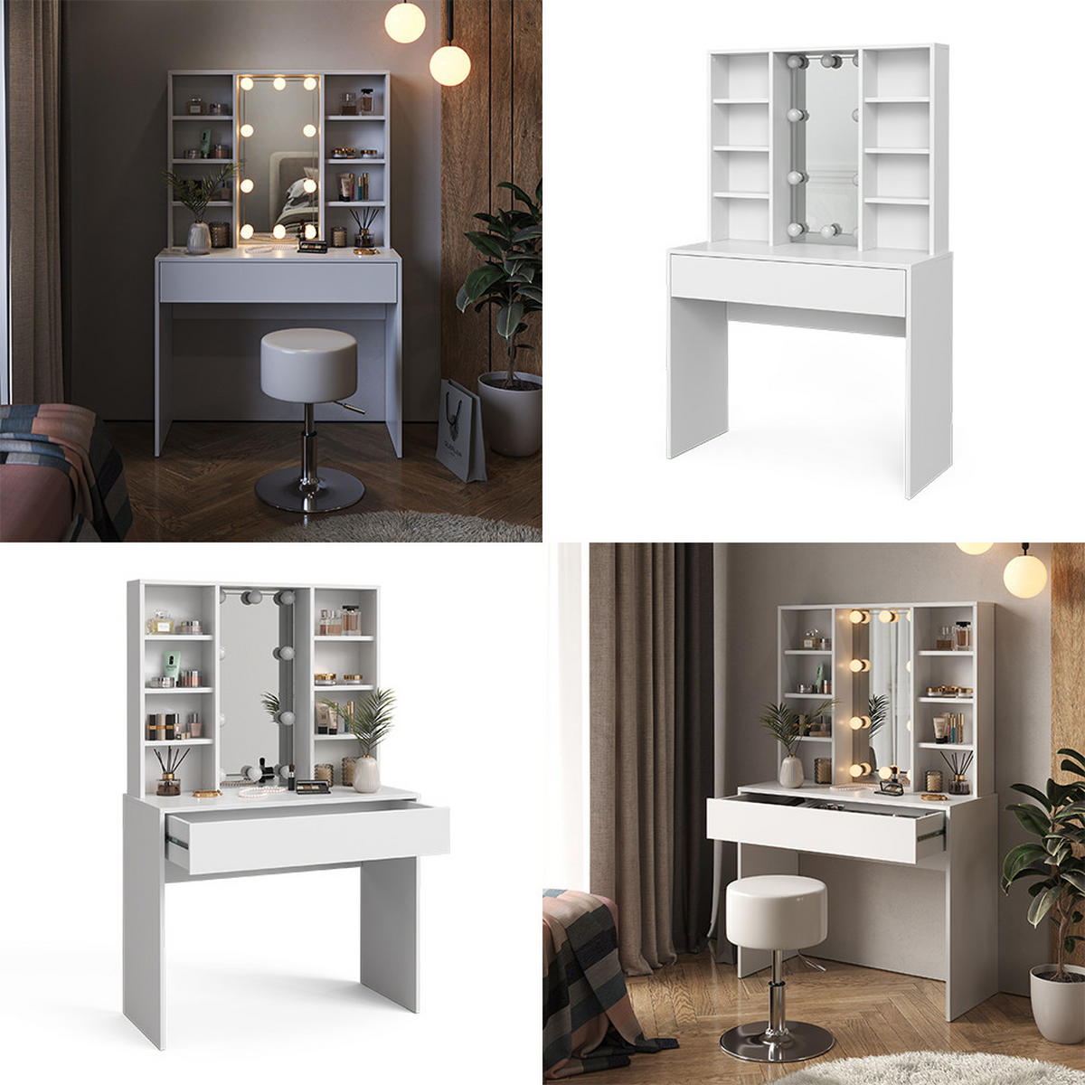 SCHMINKTISCH Alexa Weiß 93 cm mit LED Beleuchtung - Weiß, Holzwerkstoff (93/147/40cm) - Vicco