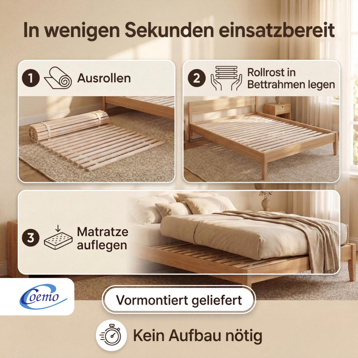 ROLLROST Lattenrost 160 x 200 cm - Naturfarben, Holz (160/200cm) - Coemo