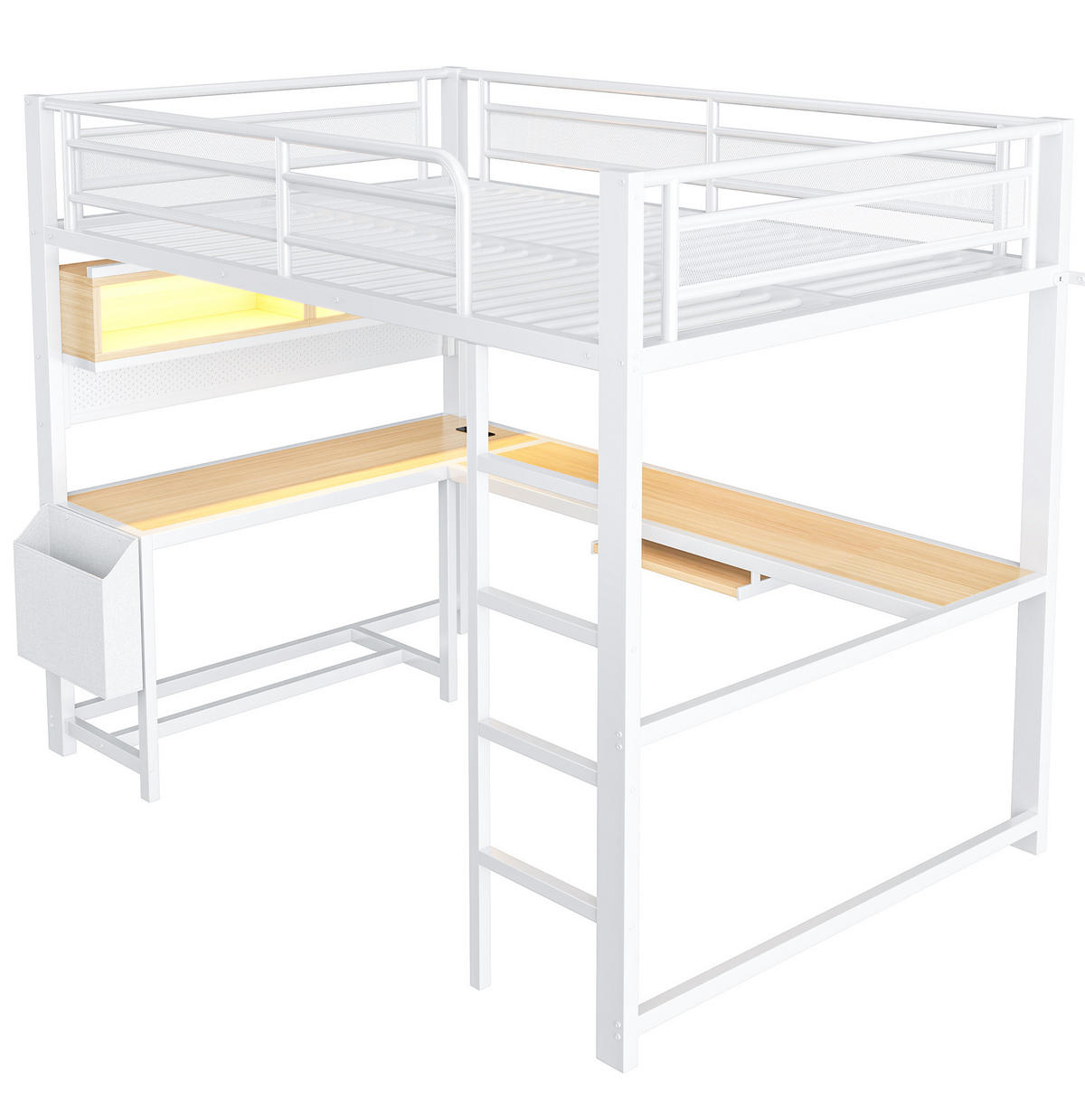 HOCHBETT 140/200 cm Weiß mit Schreibtisch, LED und USB - Weiß, Metall (140/200cm) - MIVRAY