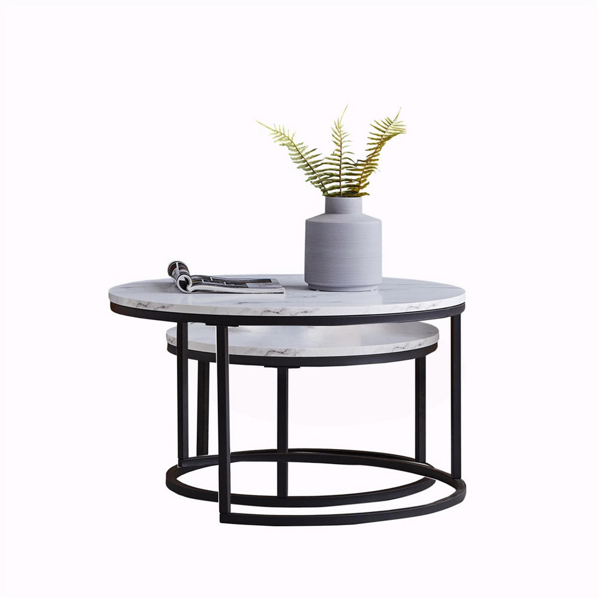 COUCHTISCH 2er-Set - Runder Beistelltisch in Marmoroptik Weiß mit Metallgestell - Schwarz - Schwarz, Holzwerkstoff (80/80/45cm) - DELFA