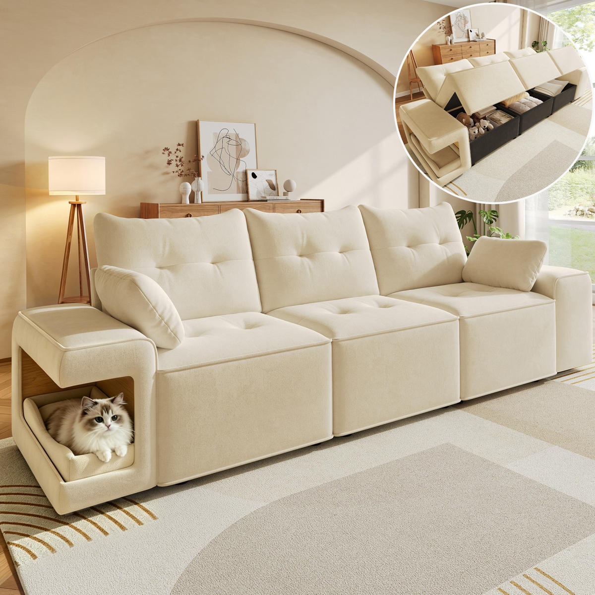3-SITZER-SOFA aus Samt 229,5x78x84 cm Beige mit Stauraum und integrierten Haustiernischen - Beige, Textil (229.5/84/78cm) - Modfu