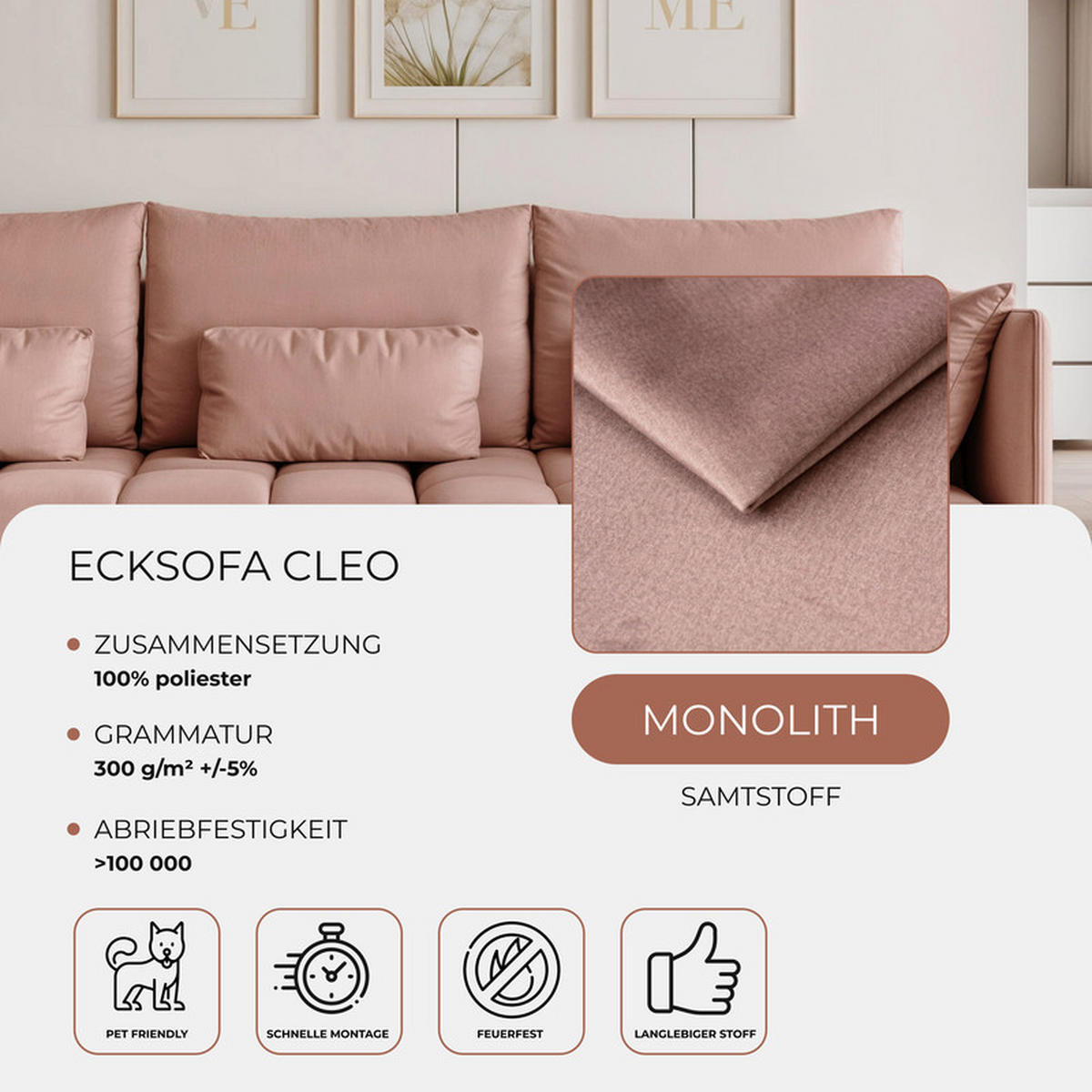 ECKSOFA CLEO mit Schlaffunktion und Bettkasten Rosa - Rosa, Holzwerkstoff/Kunststoff (245/180cm) - Idohome