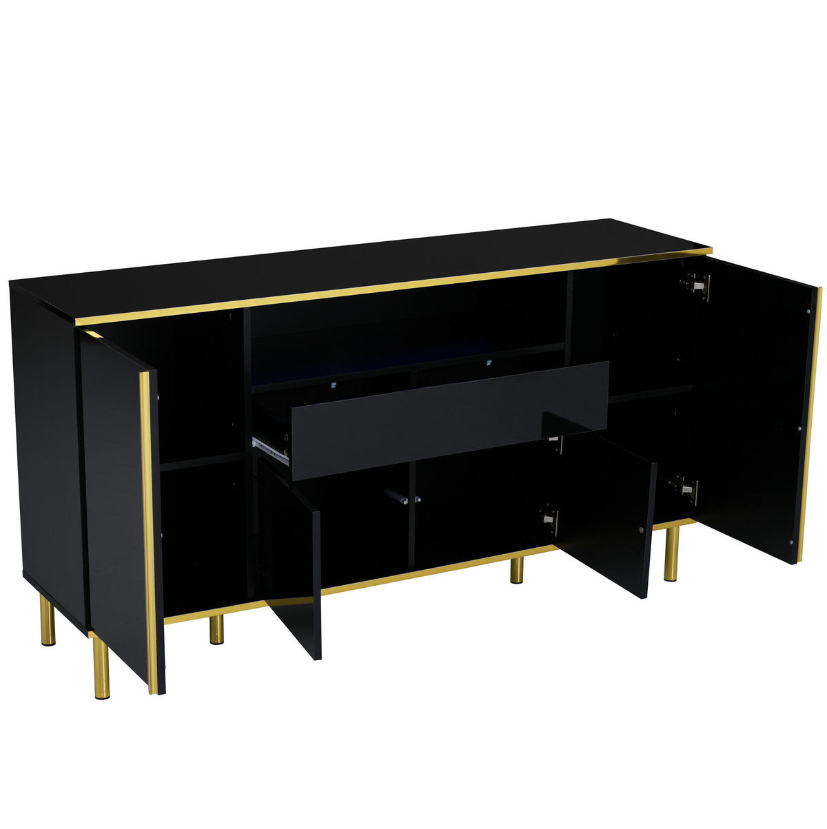 KOMODA, 150/40/80 cm, MDF a dřevotříska černá ve vysokém lesku, s LED a 4 dvířky - černá, kompozitní dřevo (150/80/40cm) - BEAOK