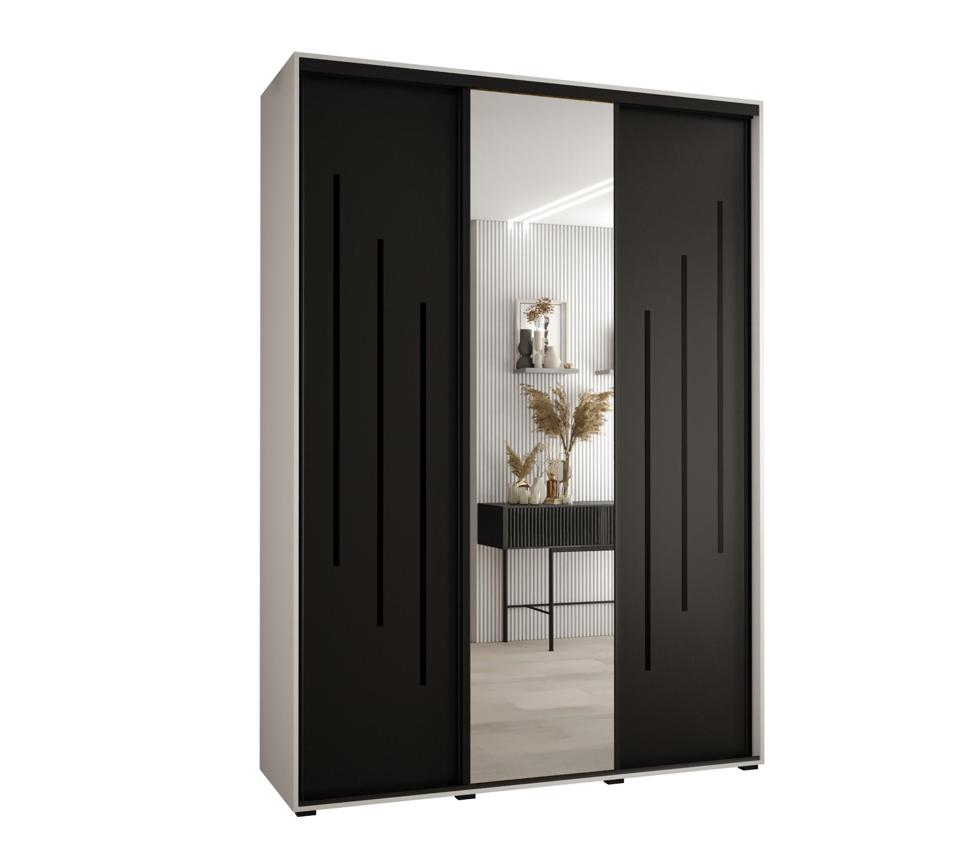 Abiks Möbel Schwebetürenschrank Weiß, Schwarz, Schwarz 180x235x45 cm