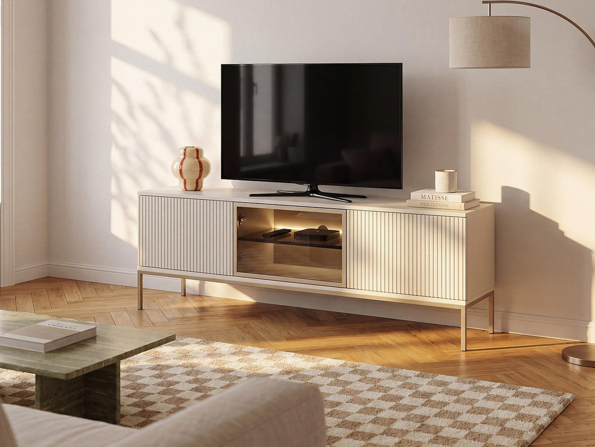 TV-BOARD - 153.4 cm x 39 cm - Holz, Platte, Glas - Beige OVILA - Beige, Glas/Holz (153.4/56.2/39cm) - Vente-Unique