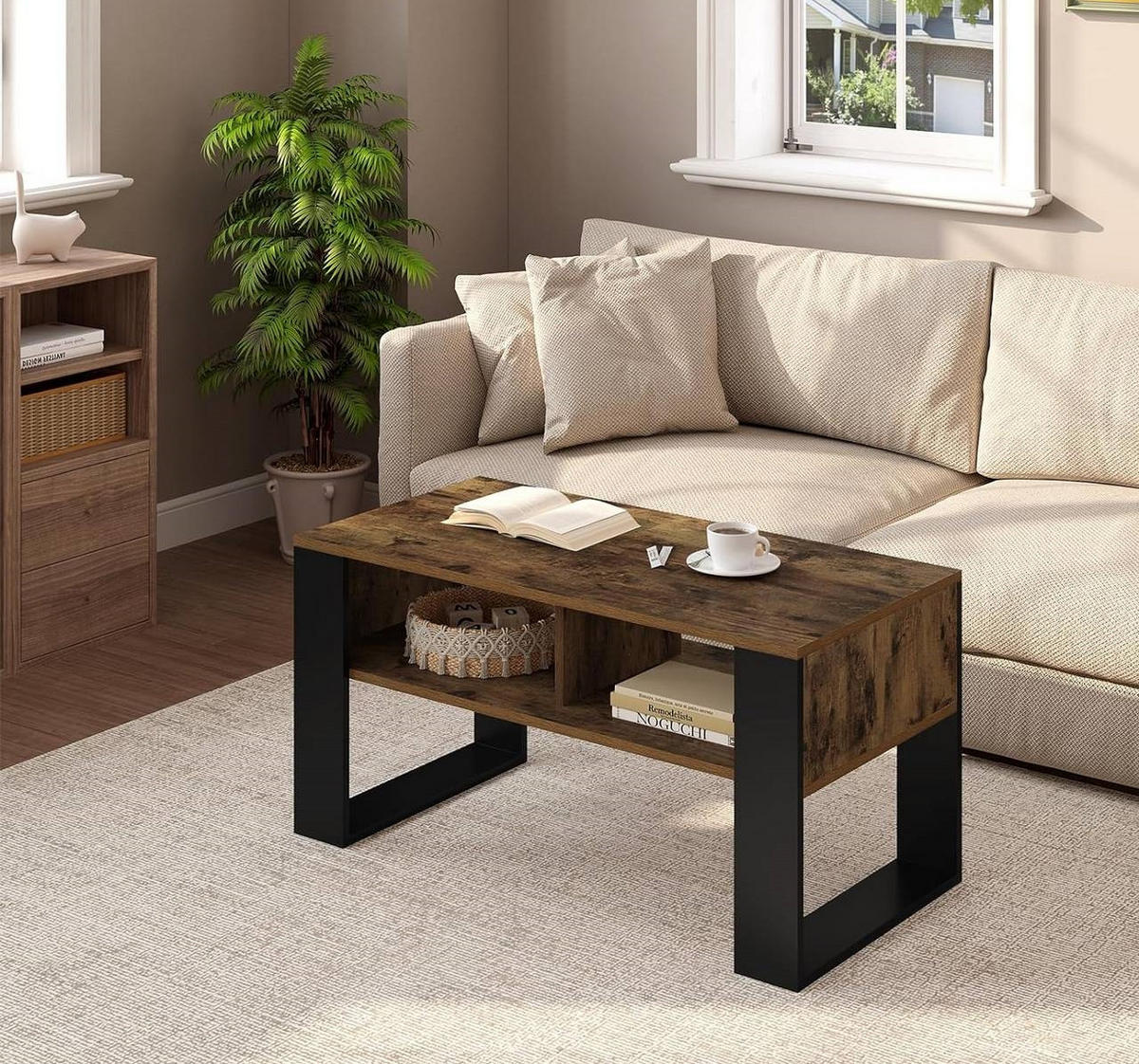 COUCHTISCH mit 2 offene Fächer, Holzoptik Vintage - Alteiche/Schwarz, Holzwerkstoff (45/90/45.5cm) - Woltu