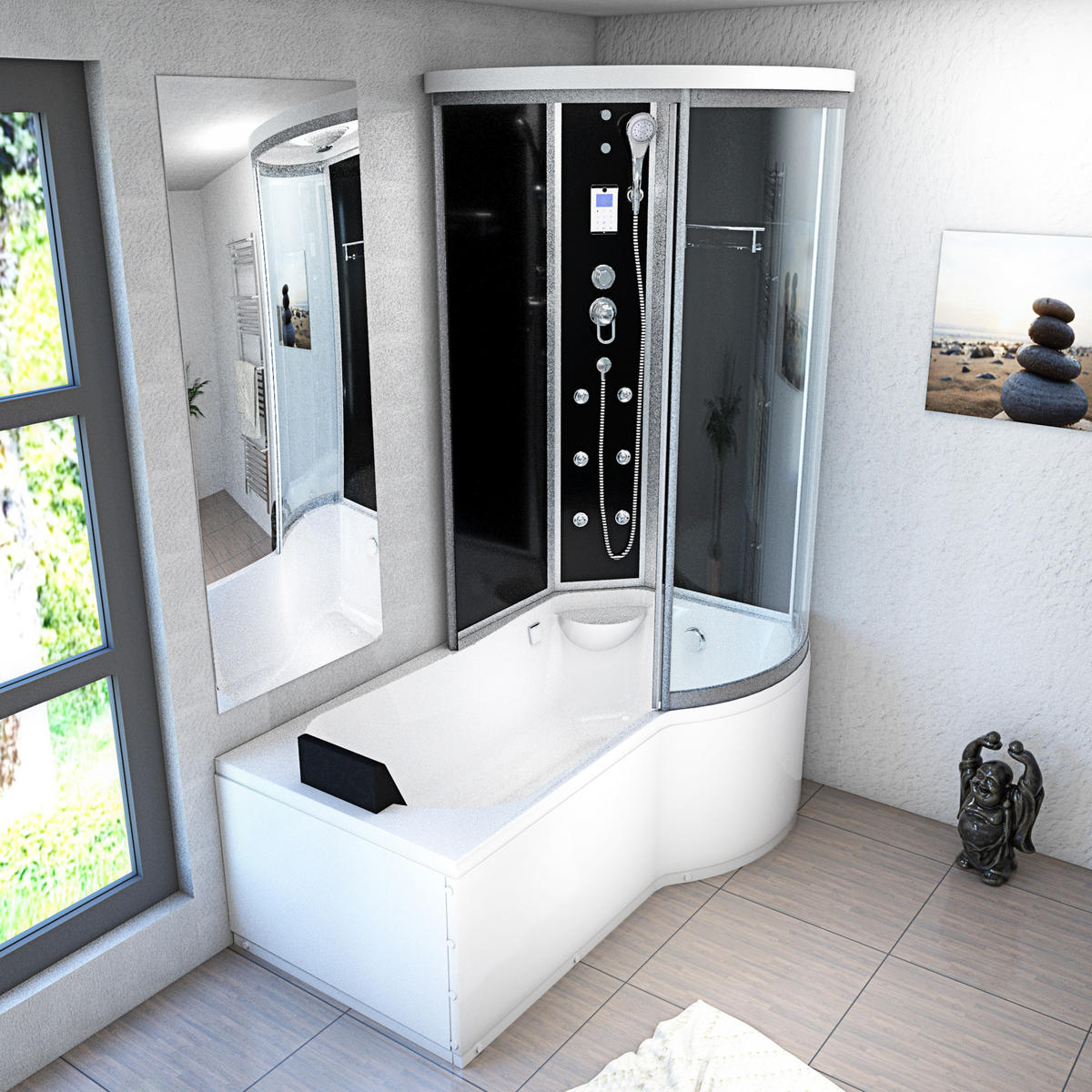 DUSCHKABINE mit Wanne K55-L31 Schwarz 170x100 - Schwarz, Glas/Kunststoff (170/98/220cm) - AcquaVapore by Sandra Jentho