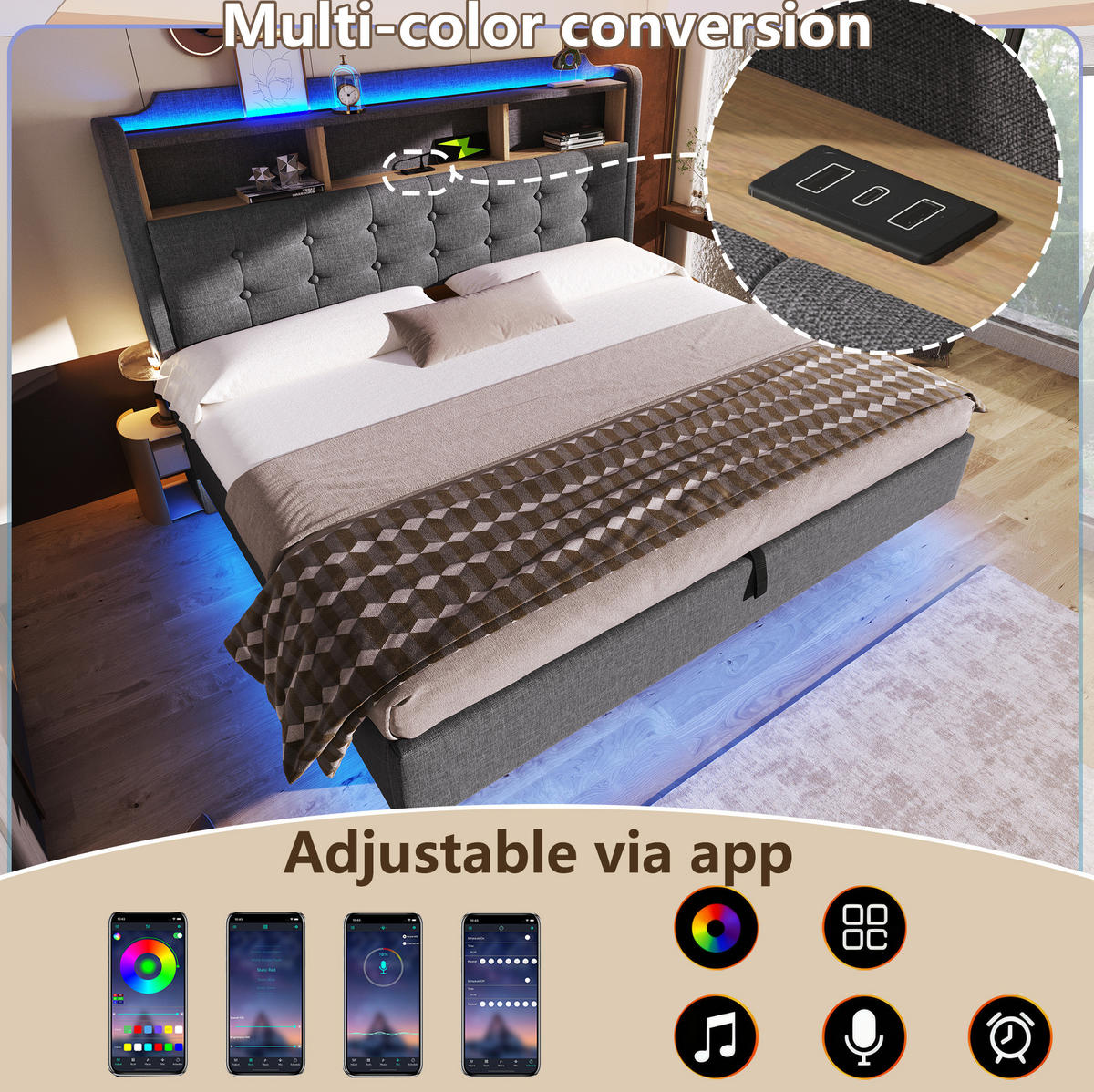 POLSTERBETT 180/200 cm aus Leinen und MDF mit LED-Lichtleiste, Grau - Grau, Textil (180/200cm) - OKMYHOME