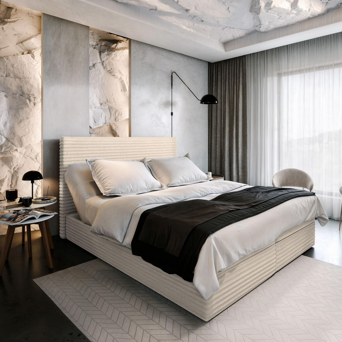 BOXBETT MILARA 160x200 cm mit Matratze und Topper - Creme - Creme, Holz (160/200cm) - MASSENO