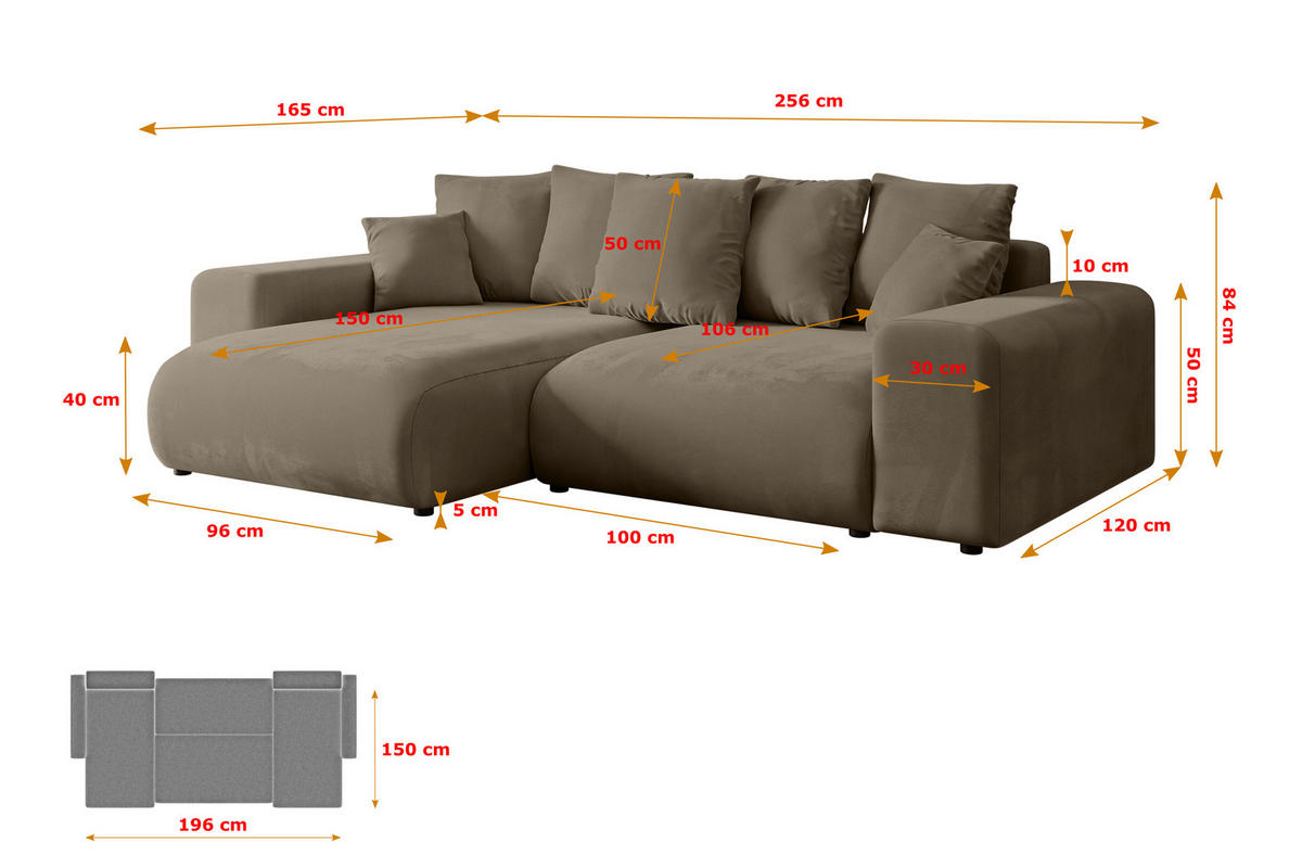 ECKSOFA mit Schlaffunktion und Bettkasten ESKAR-L 256x165x84cm Braun Velours - Schwarz/Braun, Holzwerkstoff/Kunststoff (165/256cm) - ALTDECOR