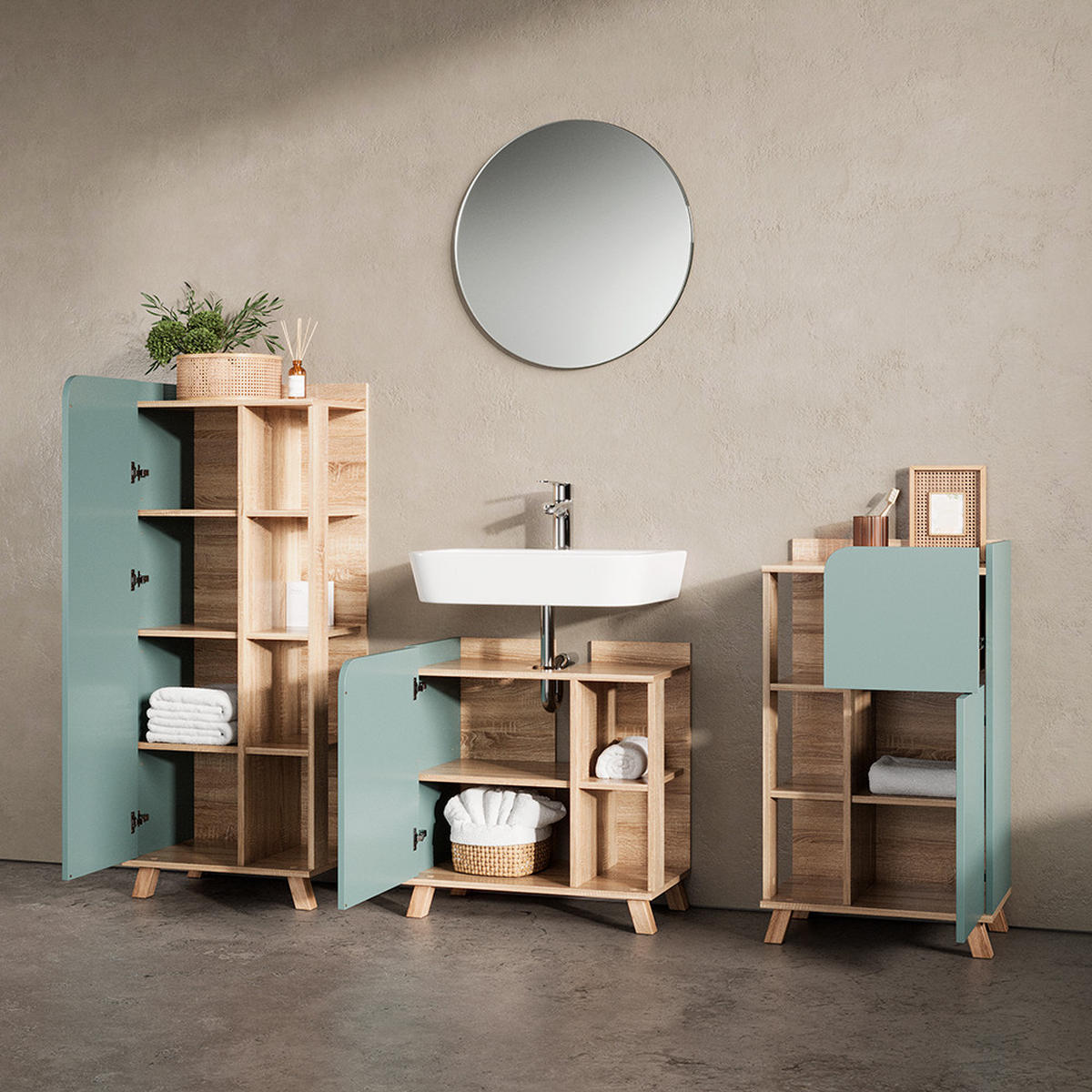 BADMÖBEL-SET Marano Blau-Grau 4 Teile - Blaugrau/Sonoma Eiche, Holzwerkstoff (35/65/60cm) - Livinity®