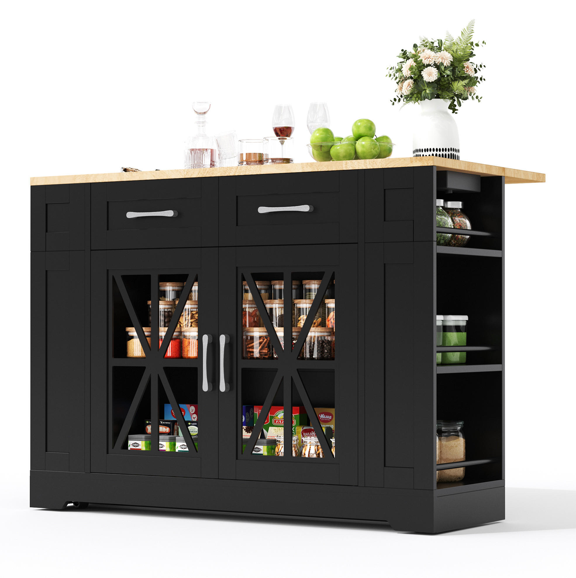 Modfu KUCHYŇSKÝ ostrůvek z MDF 120x40(65)x92 cm černý/přírodní se sklopnou deskou, zásuvkami, USB a kolečky
