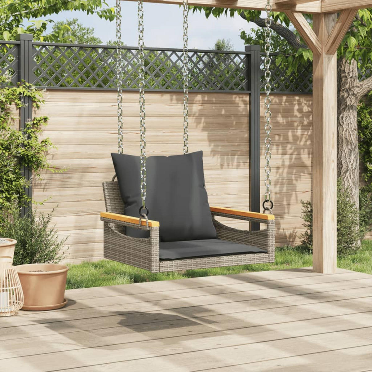 HÄNGESESSEL mit Kissen Grau 63x62x40 cm Poly Rattan - Grau, Holz (63/40/62cm) - furnicato