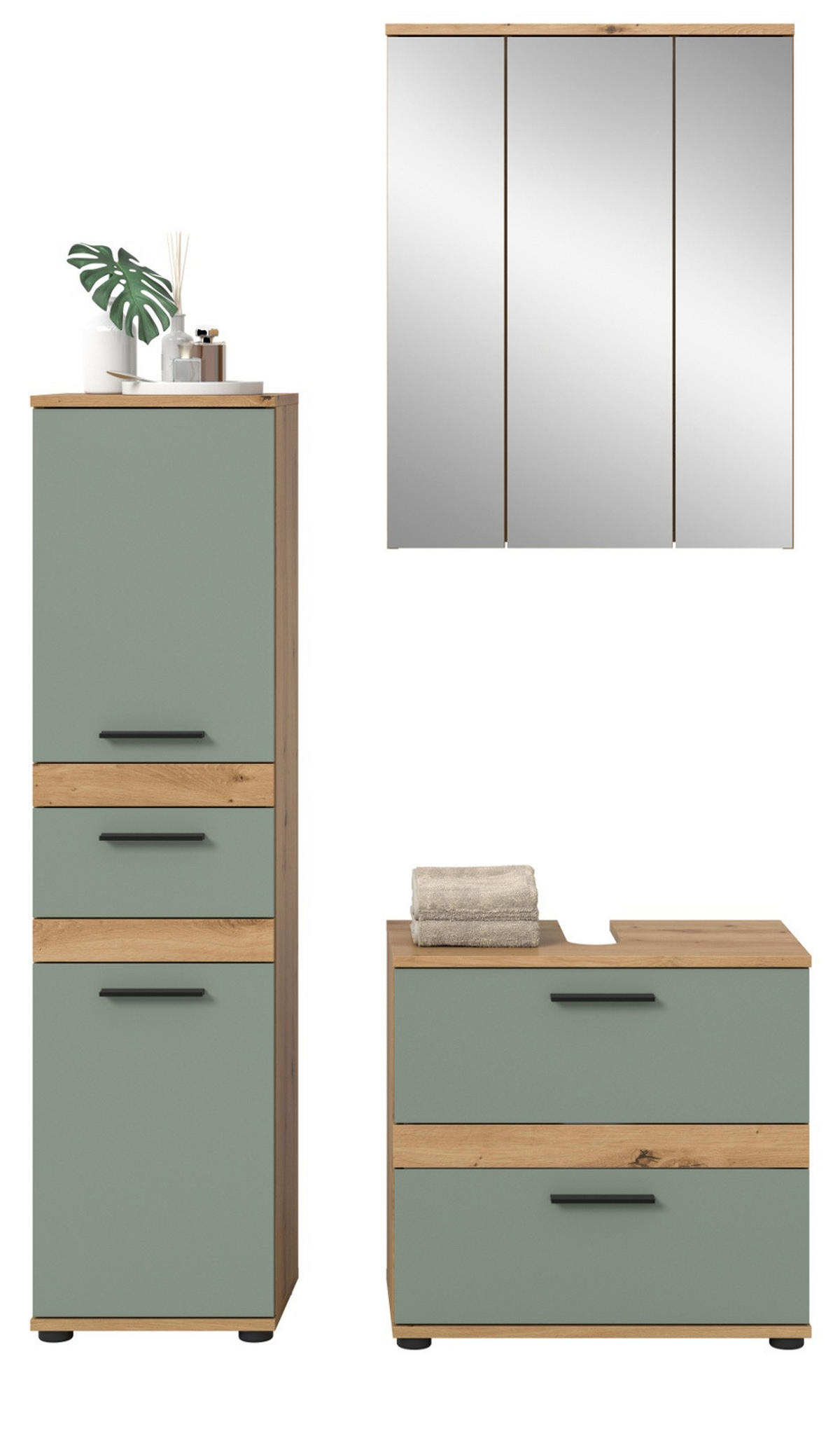 BADMÖBEL-SET 3-teilig Salbei grün, Artisan Eiche 110 x 191 cm, moderne Badkombination - Salbeigrün/Schwarz, Glas/Holzwerkstoff (110/191/34cm) - Inn.Furn