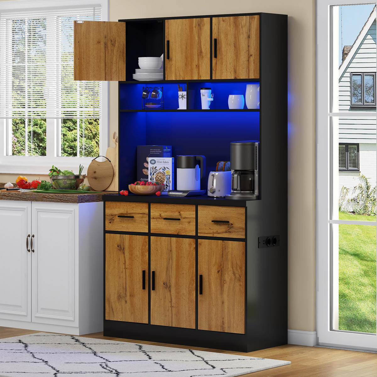 BUFFETSCHRANK 100/40/180 cm schwarz/natur aus MDF mit LED - Schwarz, Holzwerkstoff (100/180/40cm) - OKWISH
