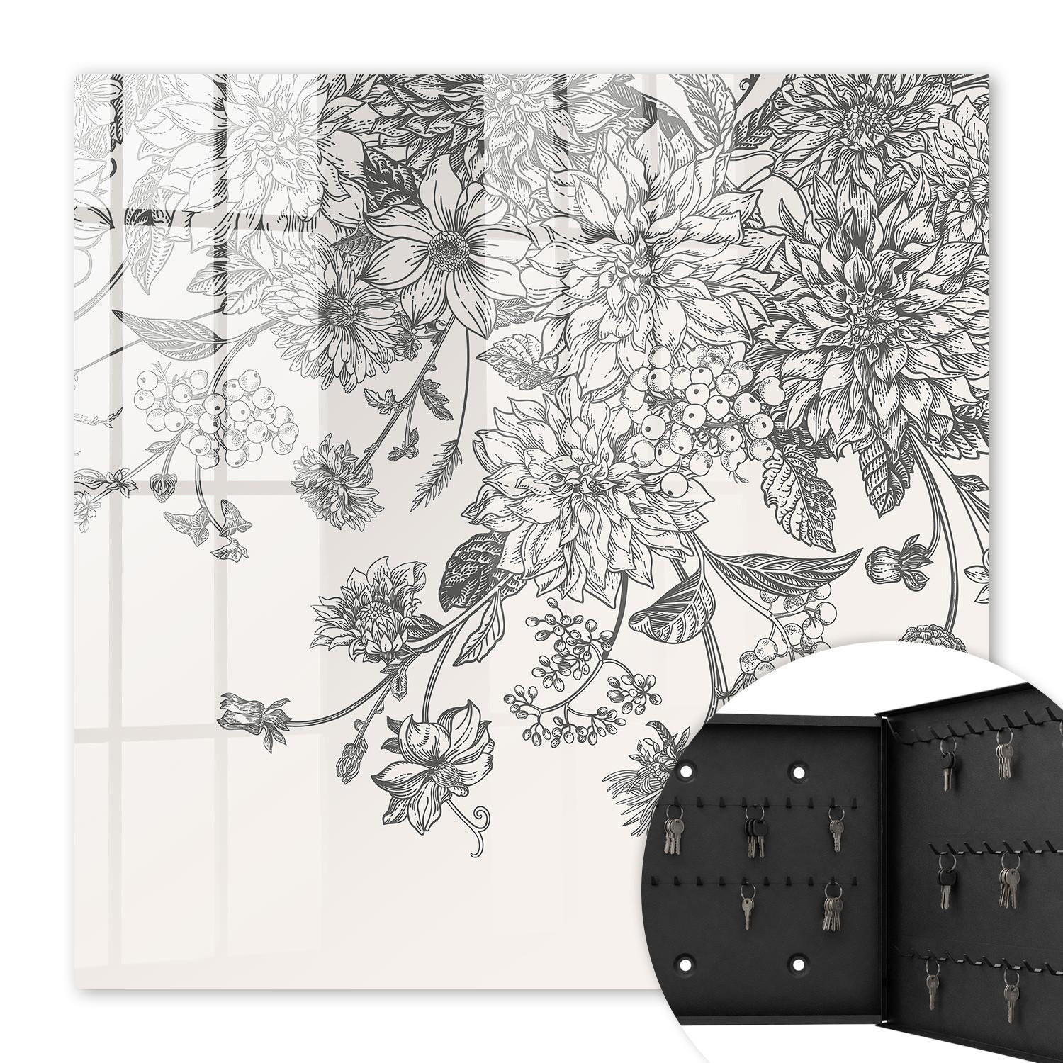 SCHLÜSSELBOX Schwarz 30x30 cm- Türöffnung nach rechts - Florale Eleganz - Schwarz, Metall (30/30/5cm) - TULUP