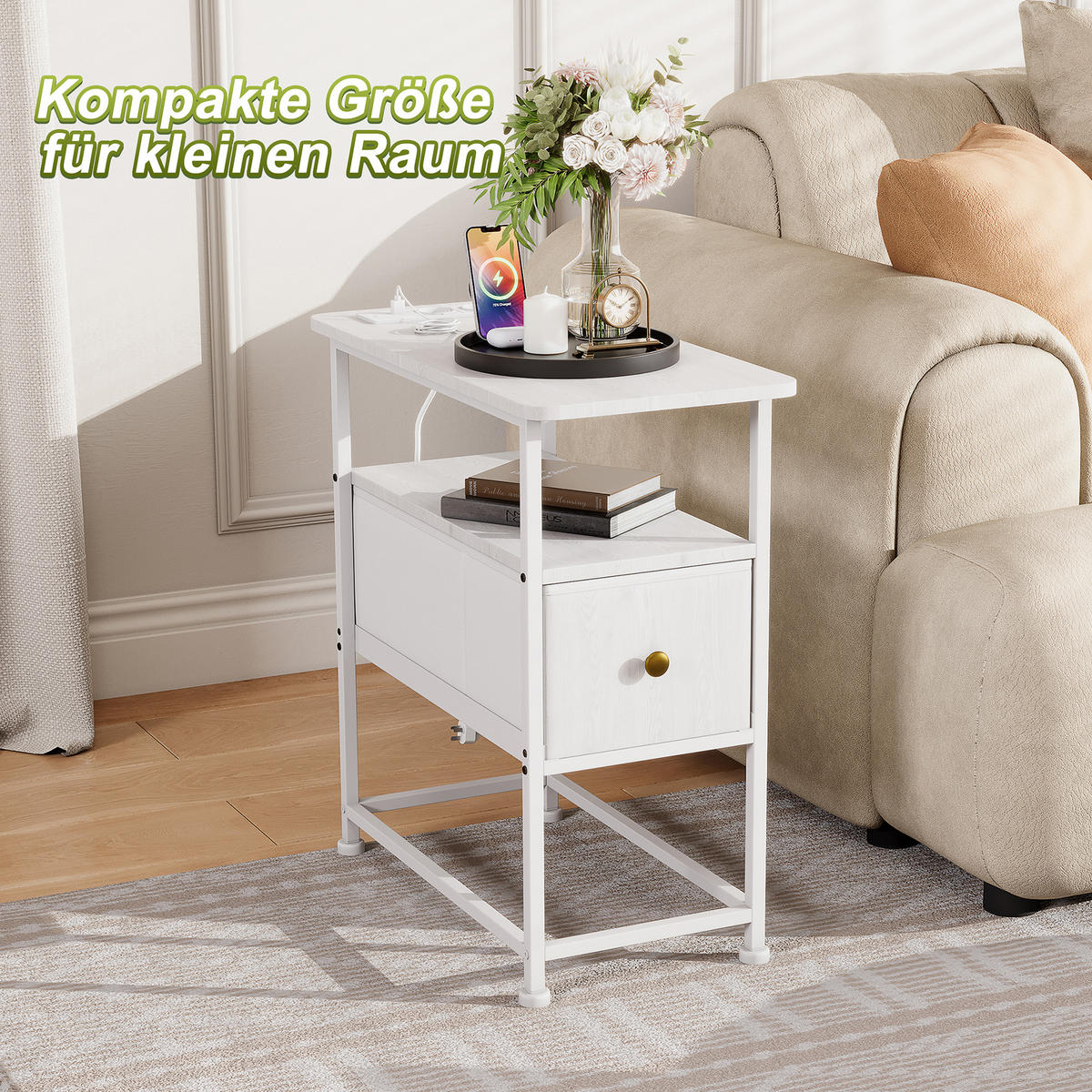 NACHTTISCH LED USB Schublade offene Fächer weiß - Weiß, Holz (60/62/30cm) - LEBENLANG