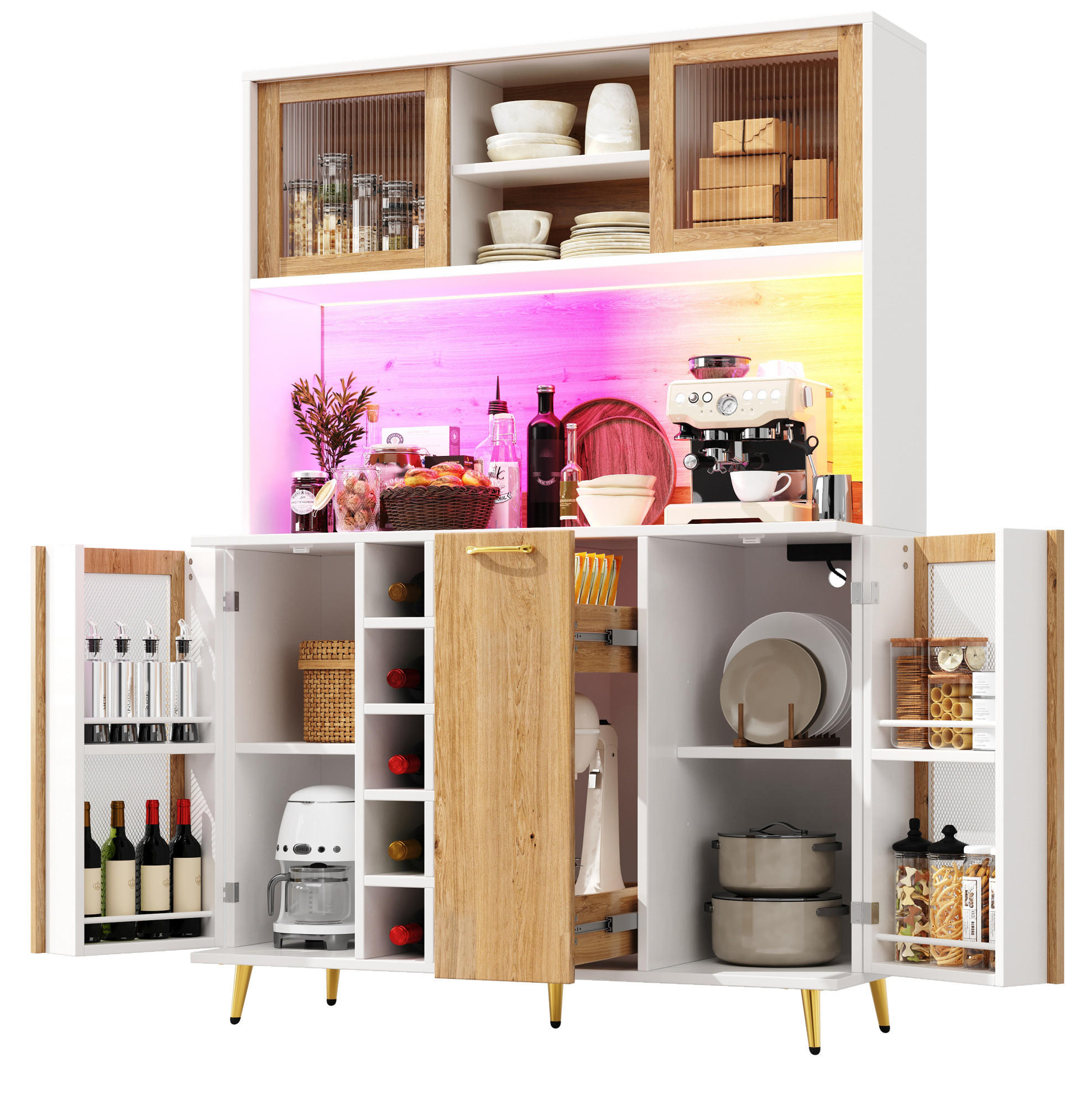 OKWISH BOČNÍ skříň 120/40/180 cm bílá v dekoru dřeva z MDF s LED osvětlením, vinotékou a zásuvkou