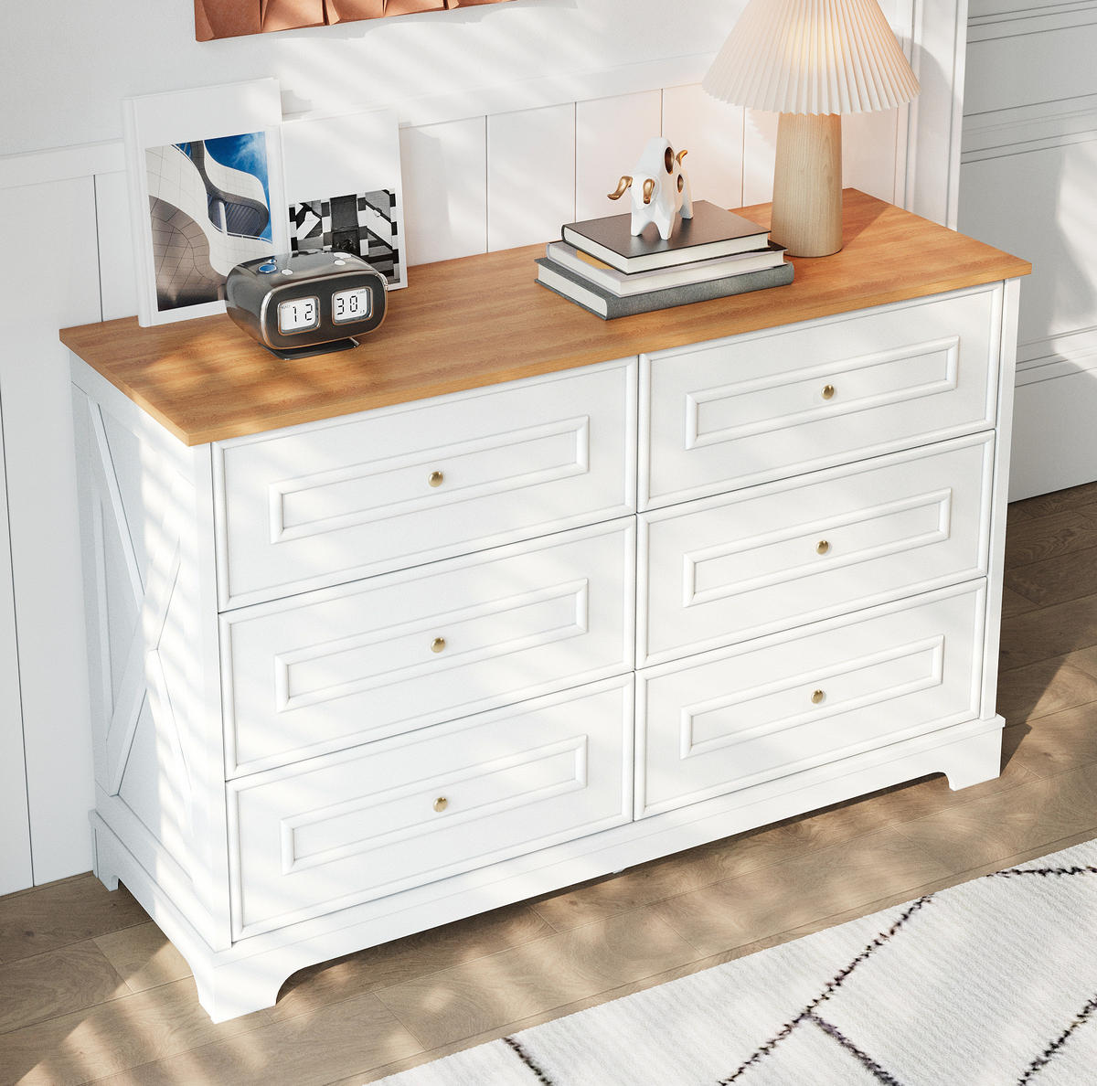 SIDEBOARD 120/40/76 cm in Weiß/Natur mit 6 Schubladen im Landhausstil - Weiß, Holzwerkstoff (120/76/40cm) - Flora Grace