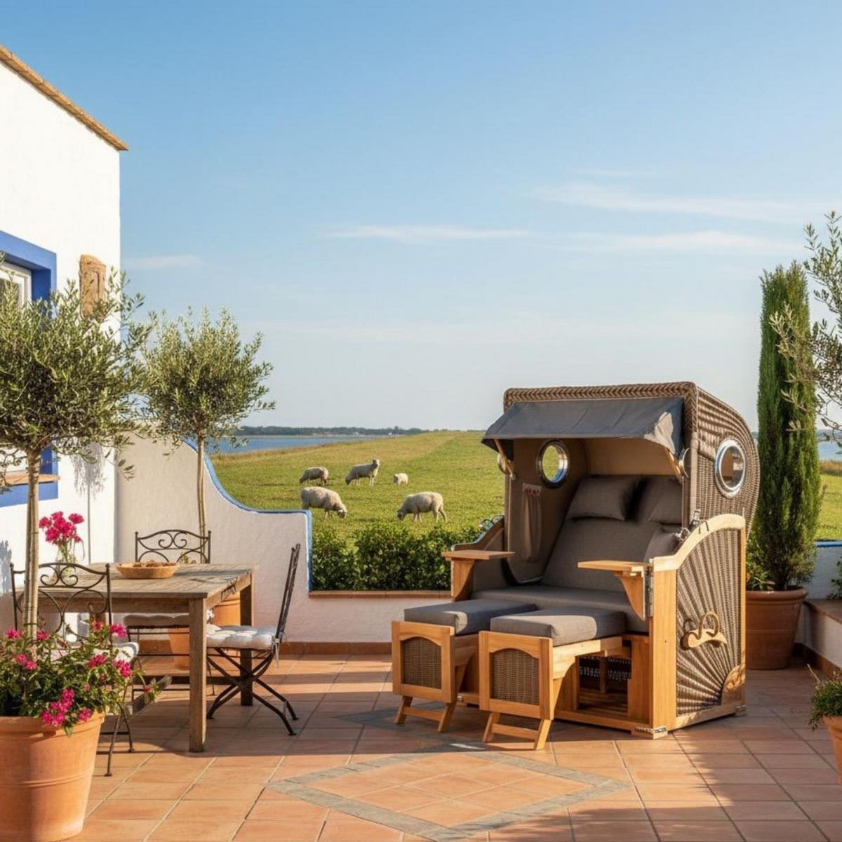 STRANDKORB Düne 2 Sitzer Teak PE Grey - Braun/Grau, Holz/Metall (125/170/80cm) - Mr. Deko