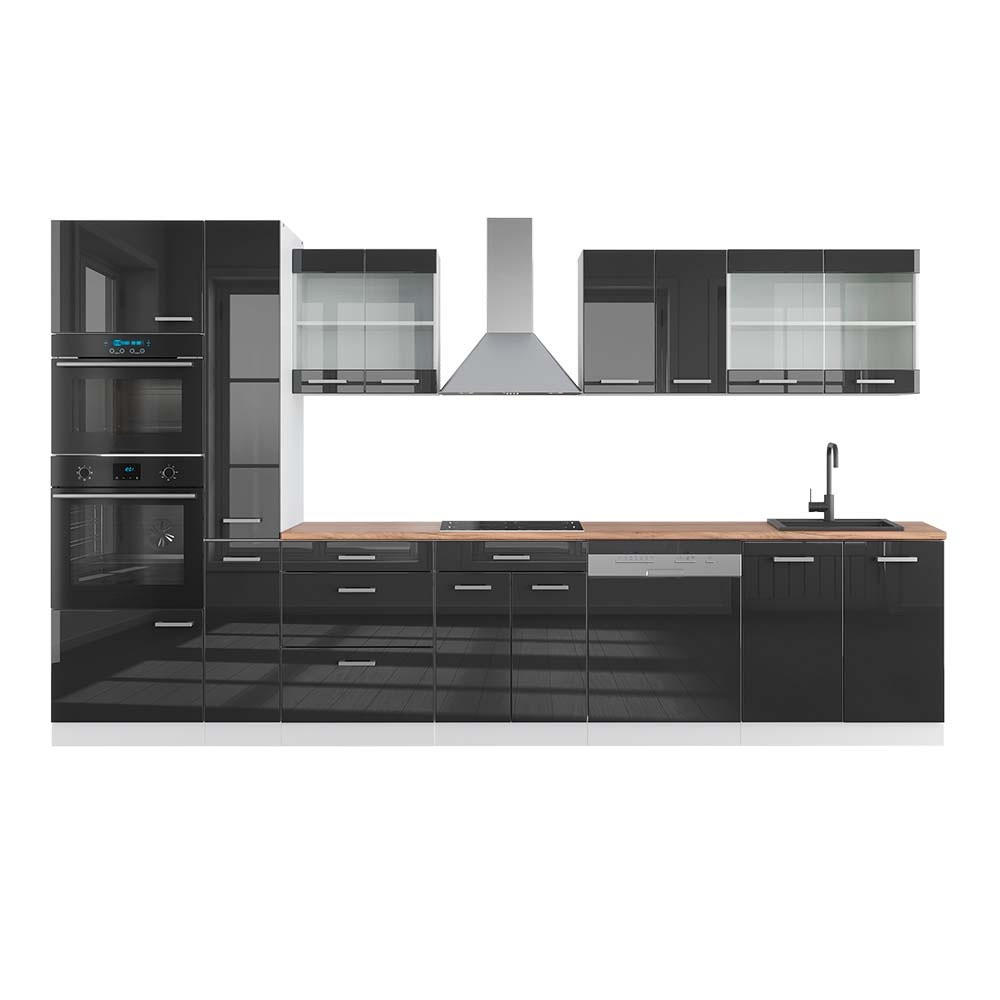 KUHINJSKI BLOK R-Line Antracit Sjajna/Bijelo 350 cm s visokim ormarićem, RP Hrast - bijela/crna visoki sjaj, drvni materijal (350/206.8/60cm) - Vicco