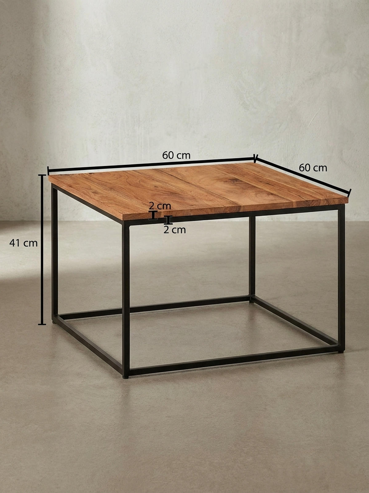 COUCHTISCH Industrial, Akazienholz mit Eisengestell, handgefertigt, robust und stabil - Beige/Schwarz, Holz/Metall (60/60/41cm) - KADIMA DESIGN