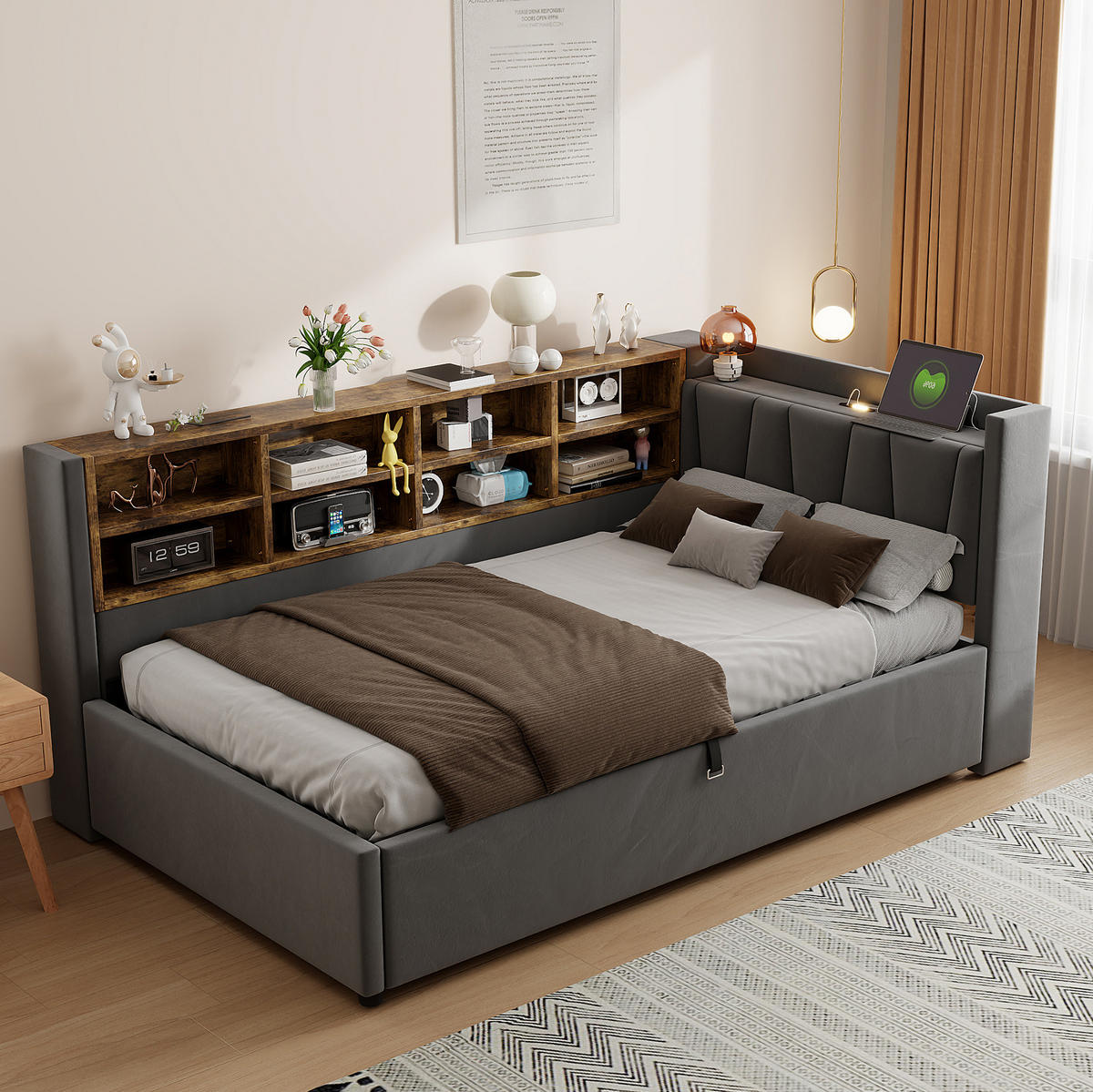 POLSTERBETT aus Samt 90x200 cm Dunkelgrau mit Nachtlicht, USB- und Type-C-Anschluss, Bettkasten und Ablagen - Dunkelgrau, Textil (90/200cm) - Modfu