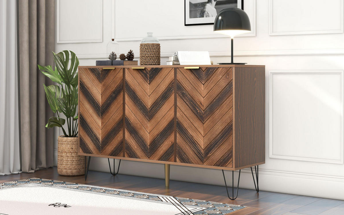 SIDEBOARD mit 3 Türen, Holzoptik mit goldenen Griffen und schwarzen Eisenfüßen, 120/38/76,5 cm,Naturfarben - Naturfarben, Holzwerkstoff (120/38/76.5cm) - Redom