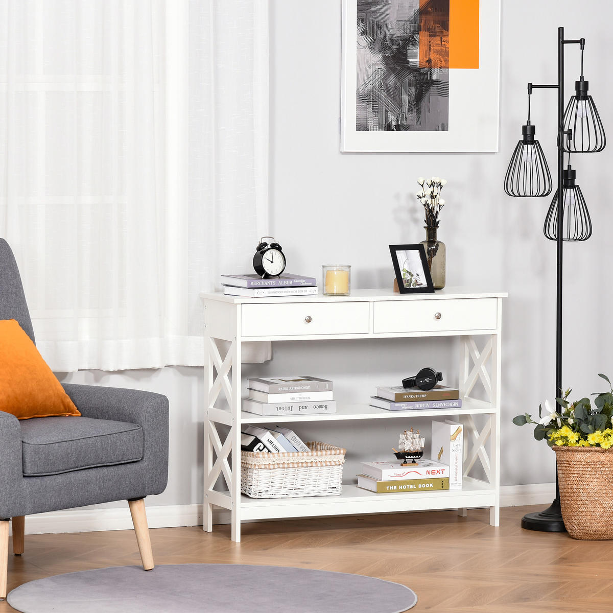 KONSOLENTISCH DE-16761 2 Schubladen + 2 Ablagen, 100 cm Weiß - Weiß, Holzwerkstoff (100/30.5/80cm) - ComfortXL