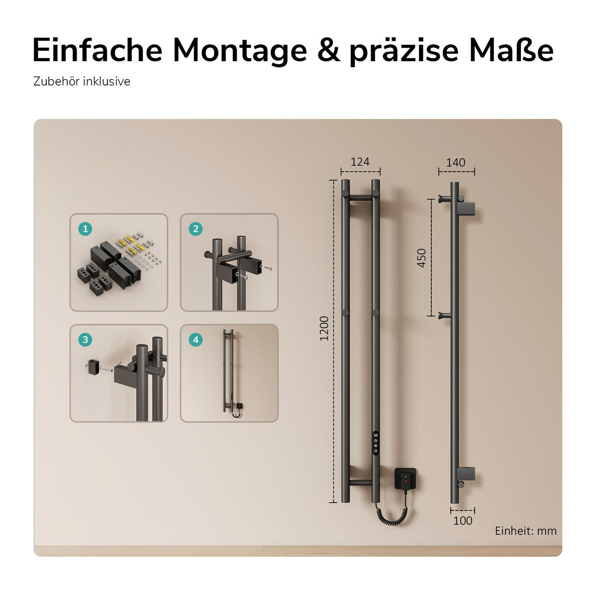 HEIZKÖRPER elektrisch vertikal 120 x 12,4 cm mit Smart-Steuerung Anthrazit - Anthrazit, Metall (12.4/120/14cm) - EMKE