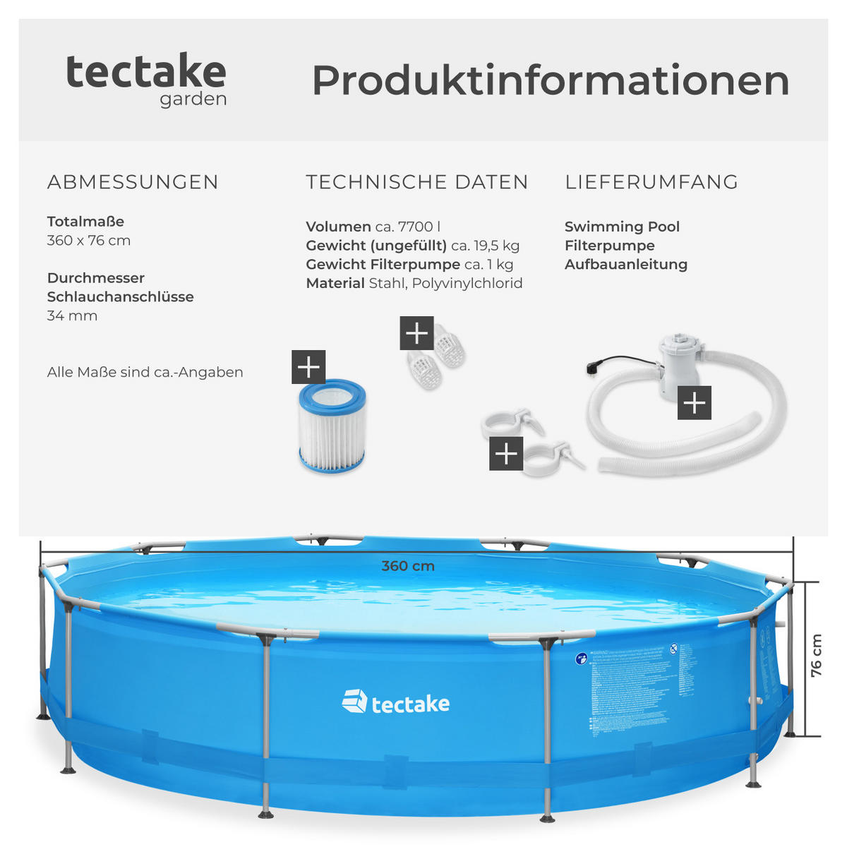 SWIMMING POOL Summertime,360 x 76 cm,blau - Blau, Metall (360/76/360cm) - tectake