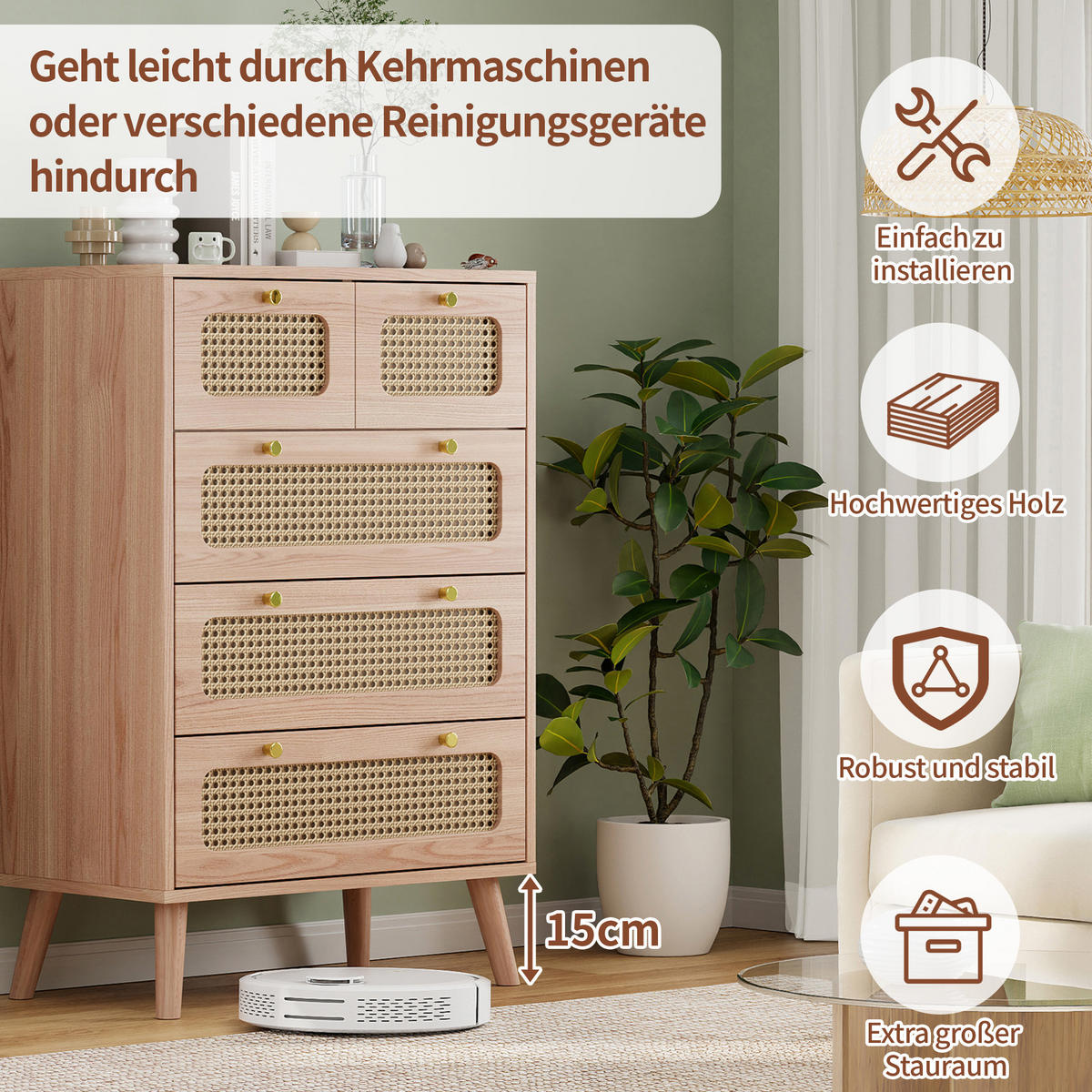 KOMMODE mit 5 Schubladen, Massivholzbeinen, Modernes Design, Braun - Braun, Holz (34/91/60cm)