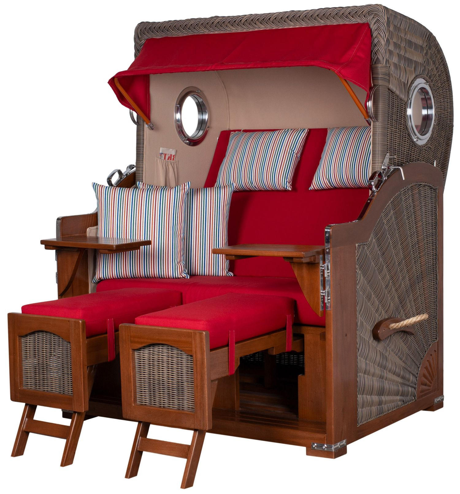 STRANDKORB Komplettset: Ammersee Mahagoni Bullauge - PE grau - Modell 585 - Beige/Rot, Holz/Kunststoff (125/165/80cm) - bene living