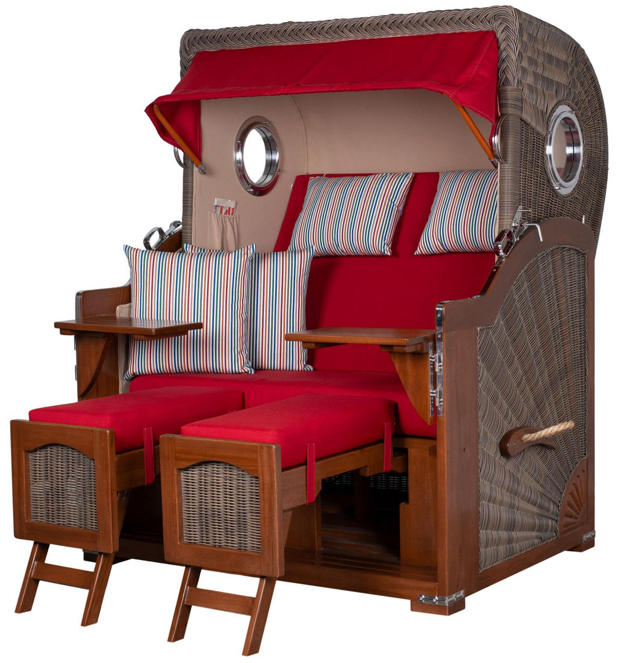 STRANDKORB Komplettset: Ammersee Mahagoni Bullauge - PE grau - Modell 585 - Beige/Rot, Holz/Kunststoff (125/165/80cm) - bene living