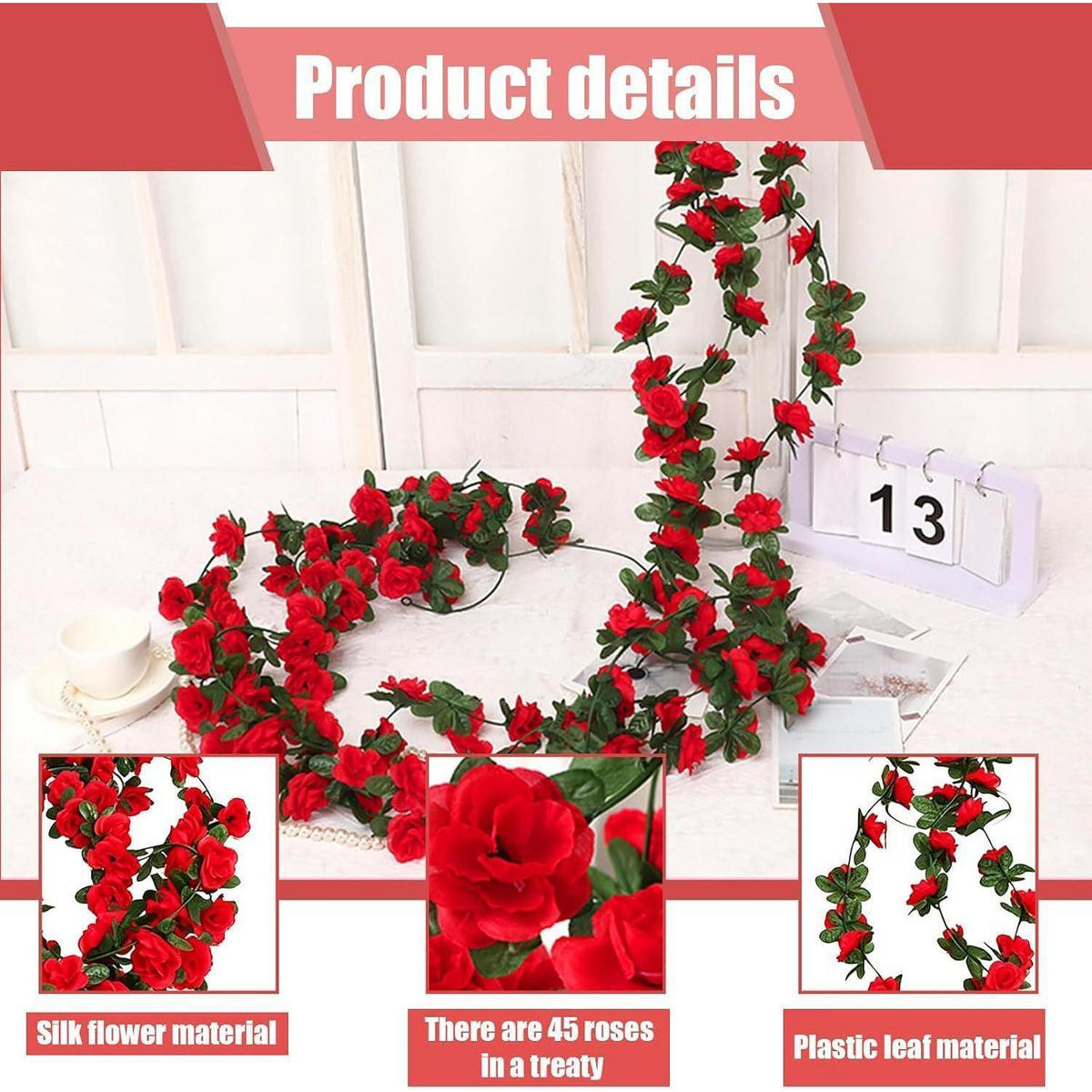 BLUMENGIRLANDE 3 Stück 2,45M Künstliche Seidenrosen Rot - Rot, Kunststoff (10cm)