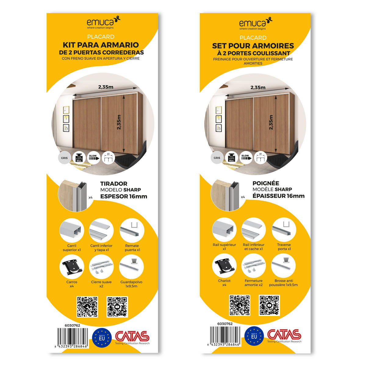 HARDWARE SET für Placard 81 2-schiebig und sanft Schliessend Kleiderschrank, Sharp Profil, Dicke 16mm, Paneele nicht inbegriffen, Matt eloxiert - Dunkelgrau, Metall (8/6/235cm) - EMUCA
