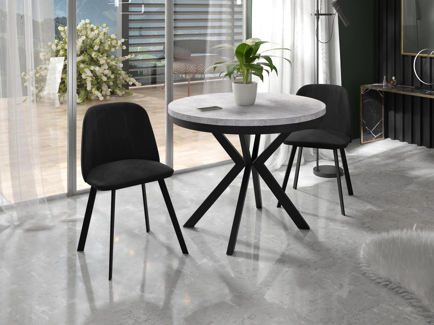 ESSTISCH Ross runder ausziehbarer, Grauer Beton 90-170/90/76 cm - Hellgrau/Schwarz, Holzwerkstoff/Metall (90/90/76cm) - WFL GROUP