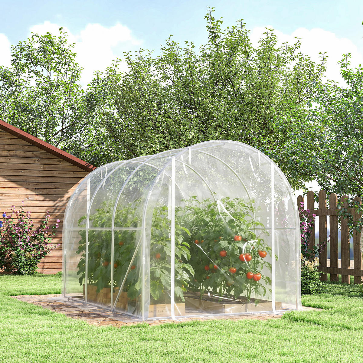 GEWÄCHSHAUS DE-12062 mit 2 Rolltüren & PE-Bache 150 g/m² Transparent - Transparent, Metall (195/195/295cm) - ComfortXL