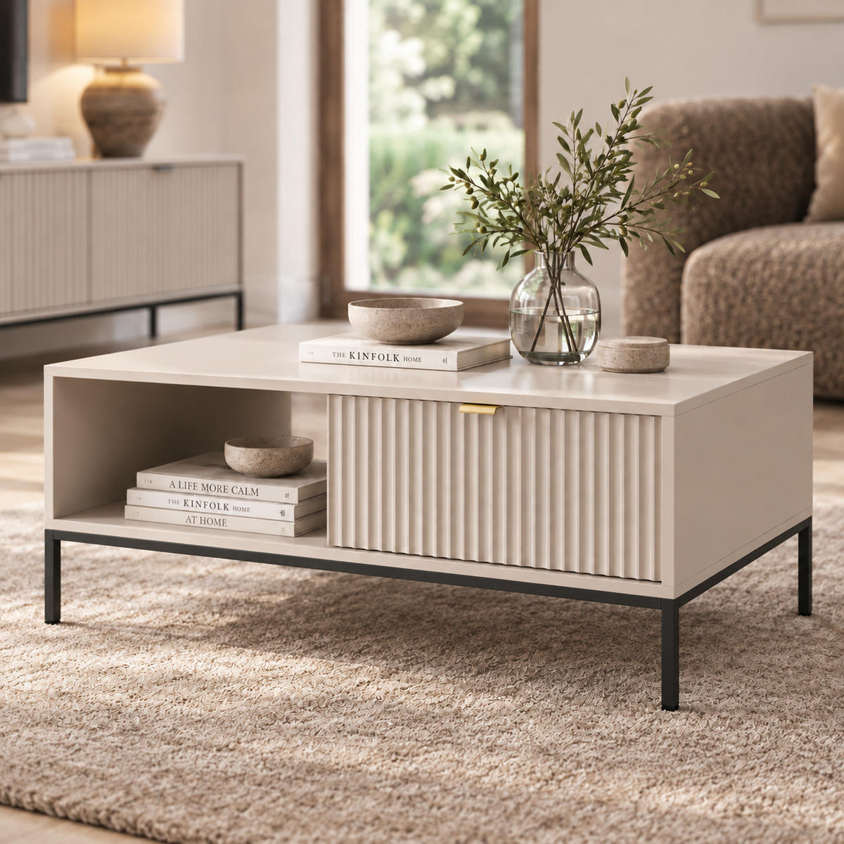 COUCHTISCH Kioto 104 cm in Kaschmir mit Schubladen und Metallbeinen - Kaschmir/Goldfarben, Holzwerkstoff/Metall (68/104/46cm) - Ravio