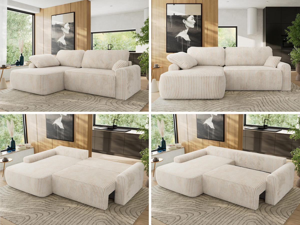 ECKSCHLAFSOFA CUBO L Creme Cord - links - Creme/Schwarz, Kunststoff/Textil (273/187cm) - MKS