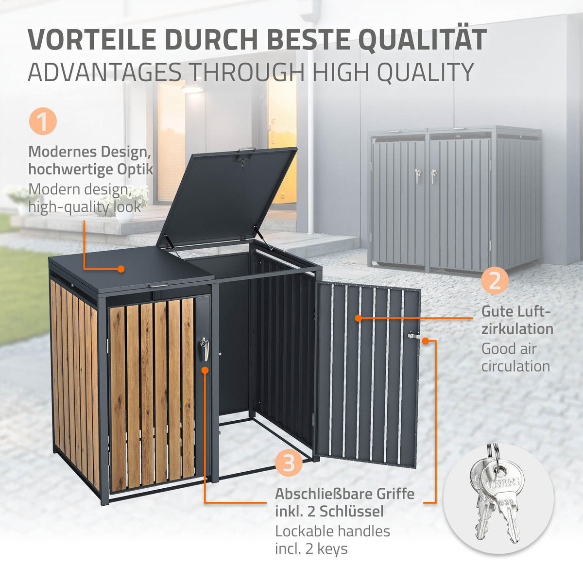 MÜLLTONNENBOX 2er Anthrazit-Eichenoptik - Dunkelbraun, Metall (80/116.3/132cm) - ML-DESIGN