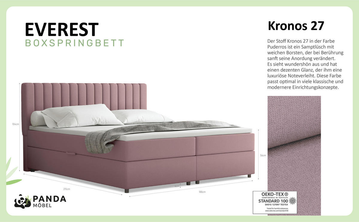 BOXBETT Everest rosa 180 x 200 cm Doppelbett mit hochwertiger Bonell-Matratze und Topper - Rosa, Holz (180/200cm) - Panda Möbel