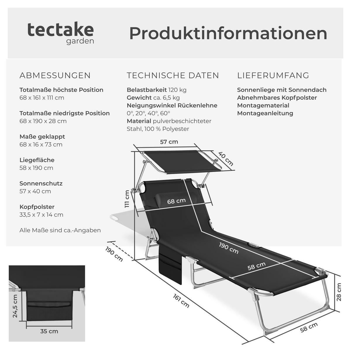 SONNENLIEGE Chloé, 190 x 68 x 111 cm, mit Seitentasche, schwarz - Schwarz, Kunststoff (68/111/161cm) - tectake