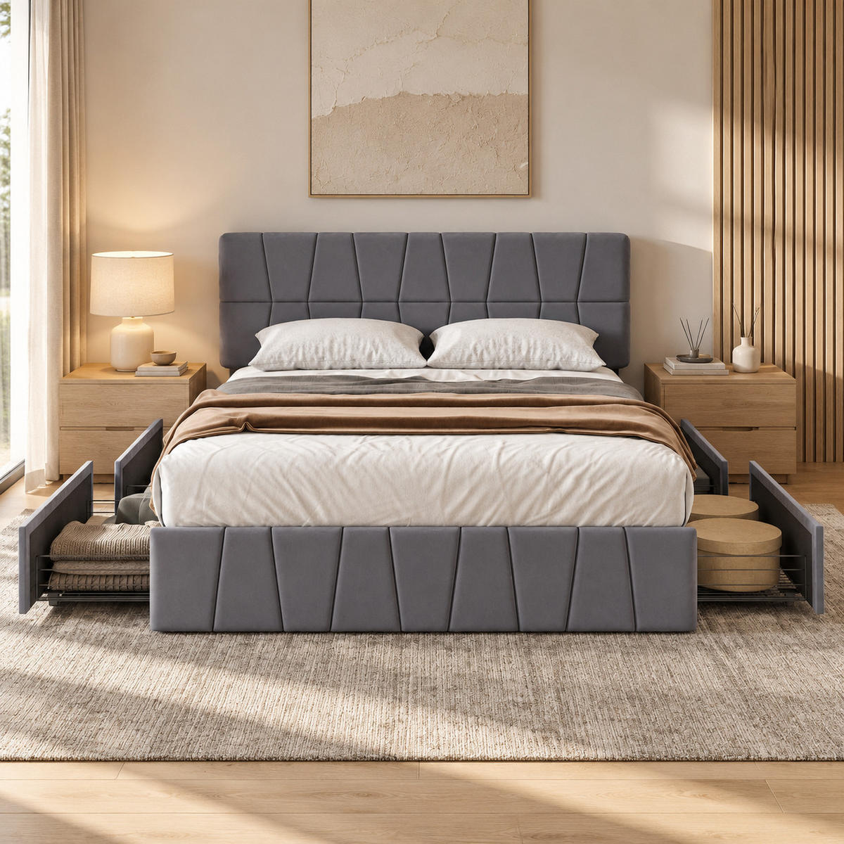 POLSTERBETT,DOPPELBETT 160/200 cm,Bettgestell Grau mit 4 Schubladen,ohne Matratze - Naturfarben/Grau, Holz/Textil (160/200cm) - PARAFTA HOME